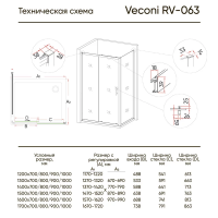 Душевой угол раздвижной прямоугольный RV063-16070PR-01-19C3 1600x700x1900 профиль Хром стекло Прозрачное Veconi